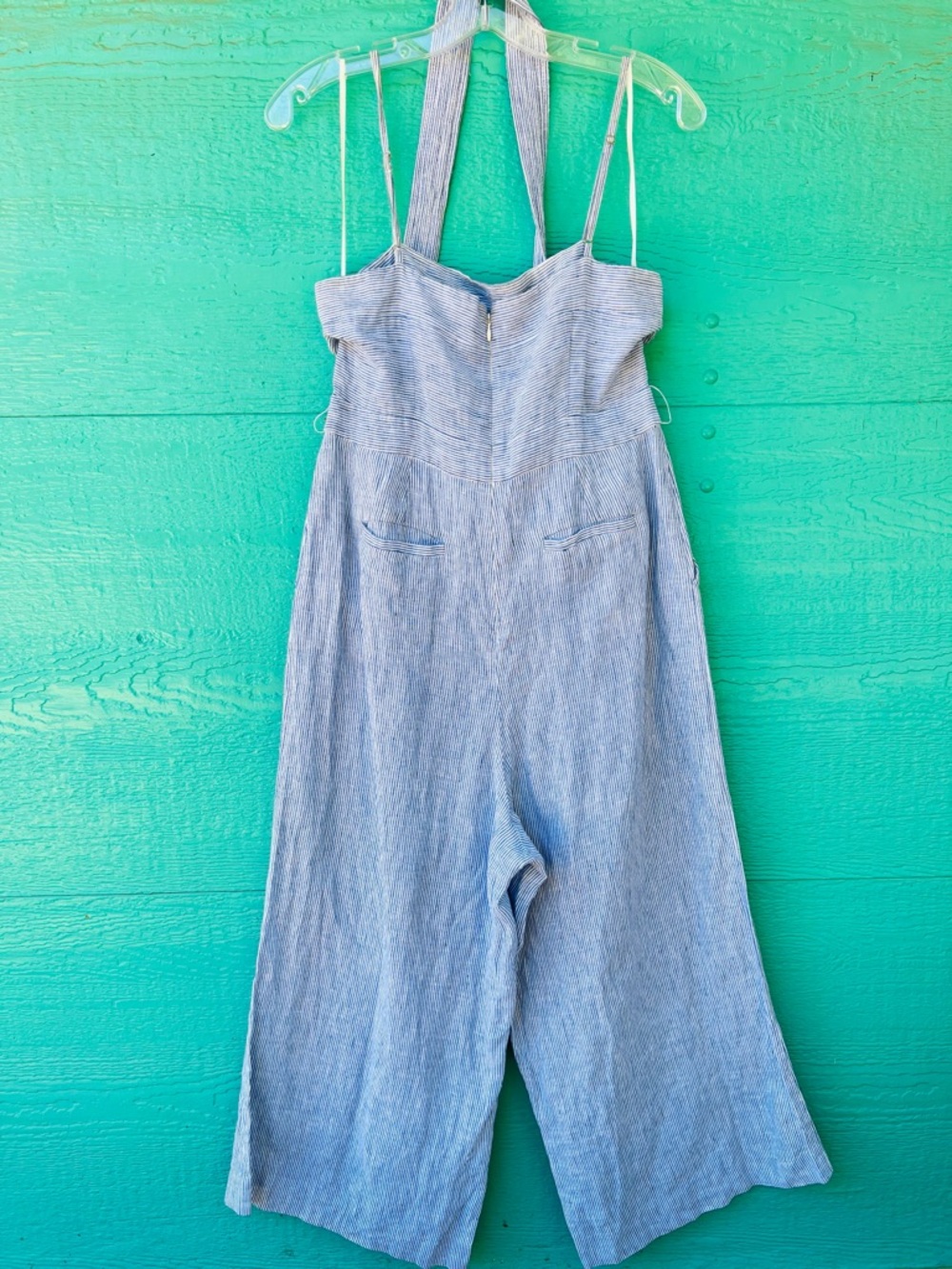 J.Crew Spaghetti Strap Jumpsuit in Blue Striped Beauchamps Linen SIZE 6 - Picture 6 of 10